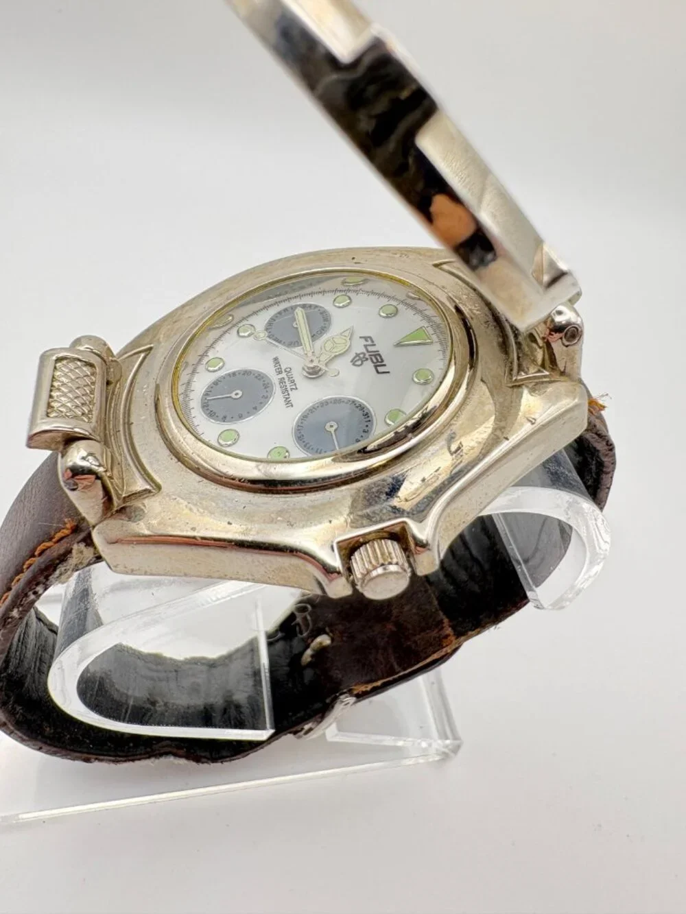 Vintage FUBU Mens Quartz Watch Hinged Flip Cover Silver Tone Leather Band Works